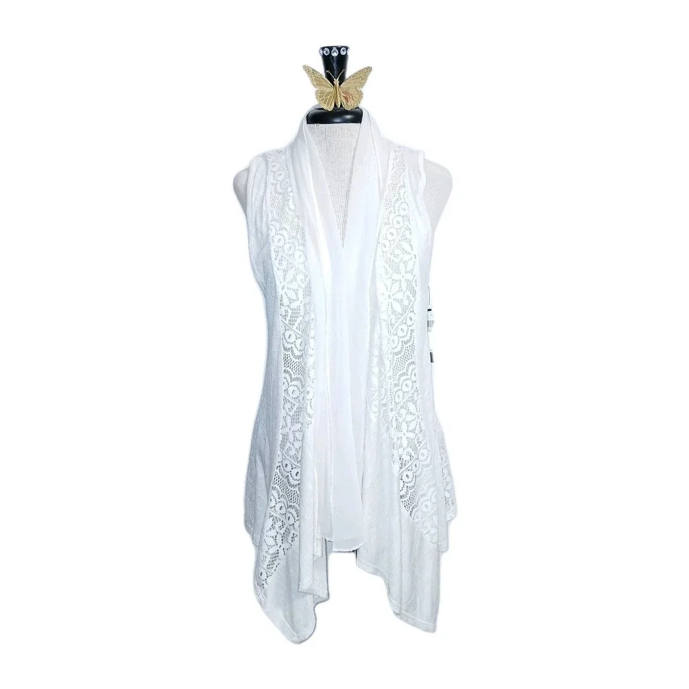 AB Studio Women Crochet Lace Vest Large Ivory Waterfall Boho Ethereal Lagenlook